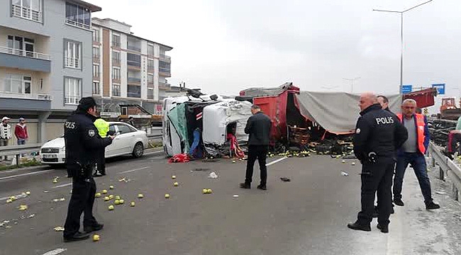 TIR devrildi, meyveler yola saçıldı:1 YARALI