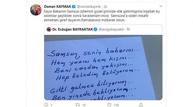 Samsun'a olan özlemini şiirle dile getirdi