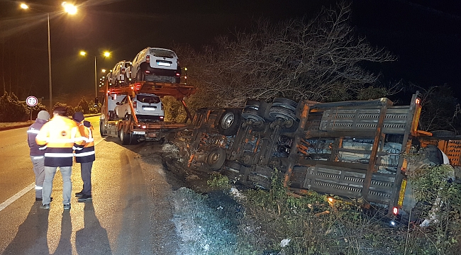 Cip taşıyan tır buzlanan yolda devrildi