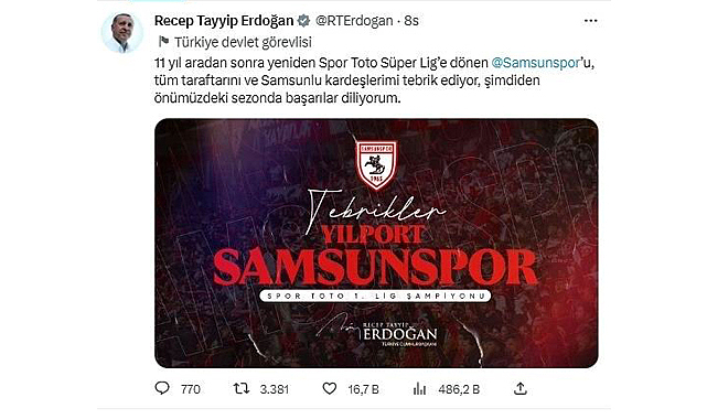 Cumhurbaşkanı Erdoğan’dan Samsunspor’a tebrik