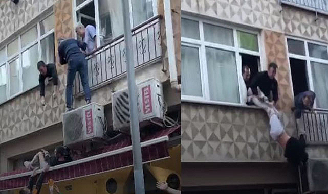 Pendik'te kaçan şahıs, saklandığı evin camında asılı kaldı