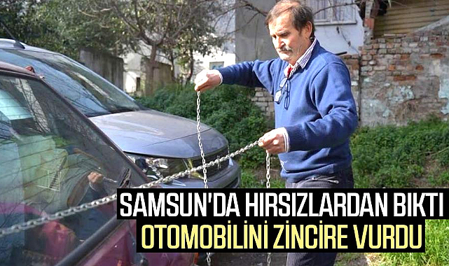 Samsun'da hırsızlardan bıkan esnaf, otomobilini zincire vurdu