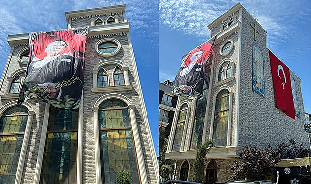 Kilisede 19 Mayıs kutlaması... Atatürk posteri ve Türk Bayrağı astı