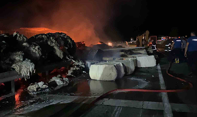 Devrilen pamuk yüklü tır alev alev yandı