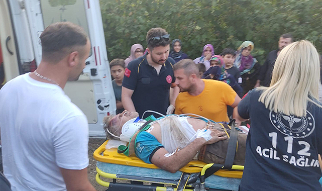 Düzce’nin Cumayeri ilçesinde fındık bahçesinde tırpan yapan M.K. kendini bir anda uçurumda buldu