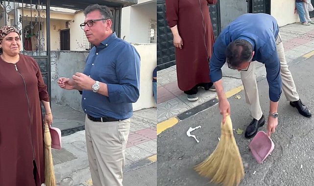 Belediye başkanı sokağı süpüren kadının elinden süpürgeyi alıp kendi süpürdü