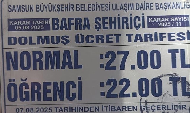 Samsun Bafra’da dolmuş ücretlerine zam geldi