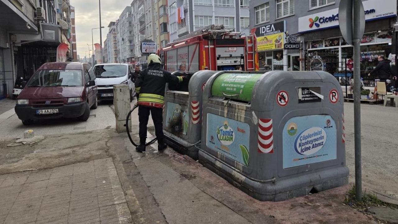 Samsun'da çöp konteyneri yangınına itfaiyeden müdahale