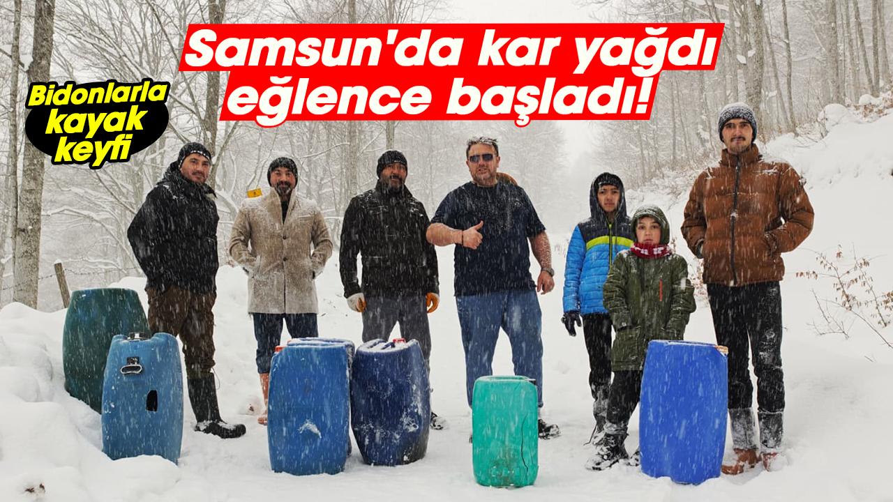 Samsun'da kar yağdı, eğlence başladı! Bidonlarla kayak keyfi