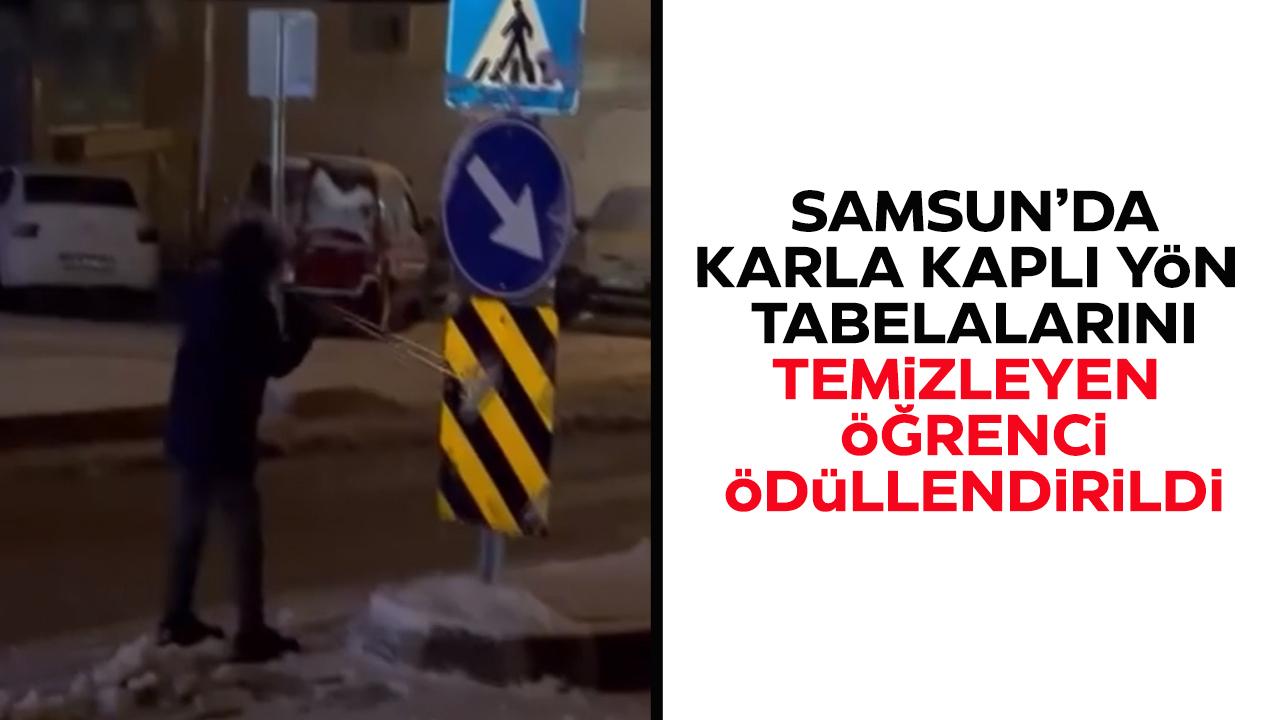 Samsun'da karla kaplı yön tabelasını temizleyen öğrenci ödüllendirildi