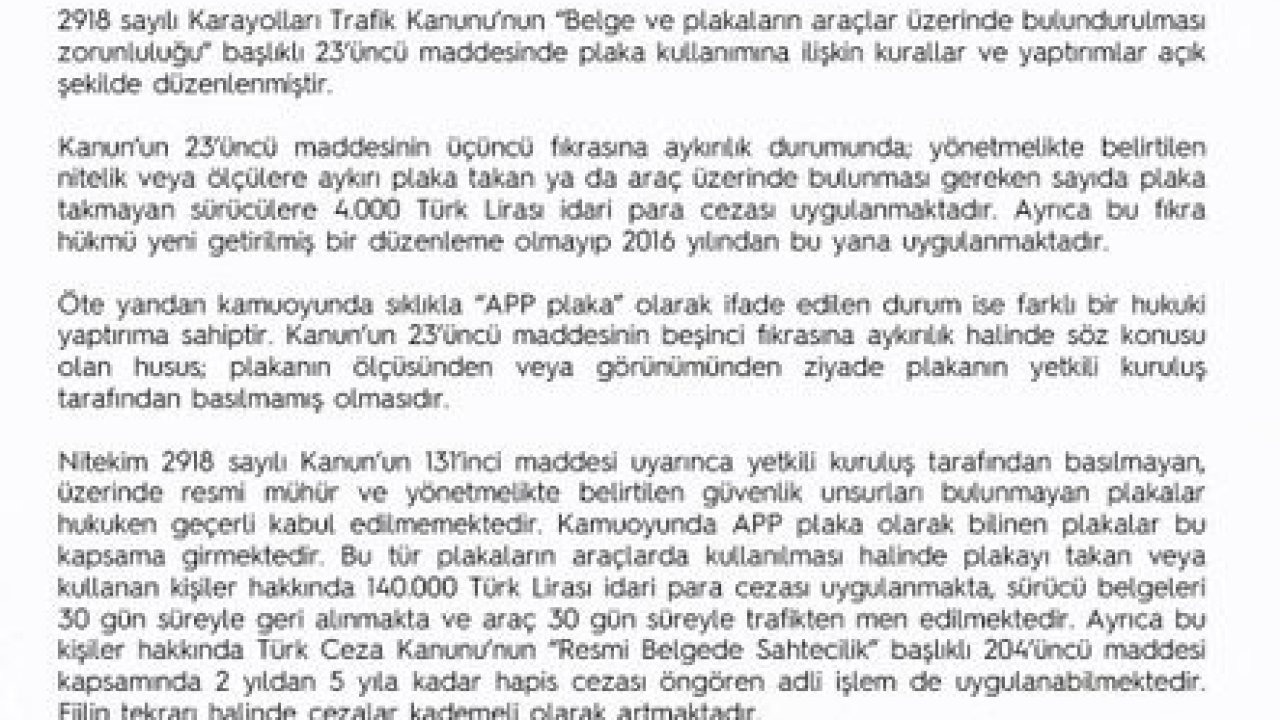 EGM’den APP plaka açıklaması: 140 bin lira ceza uygulanacak