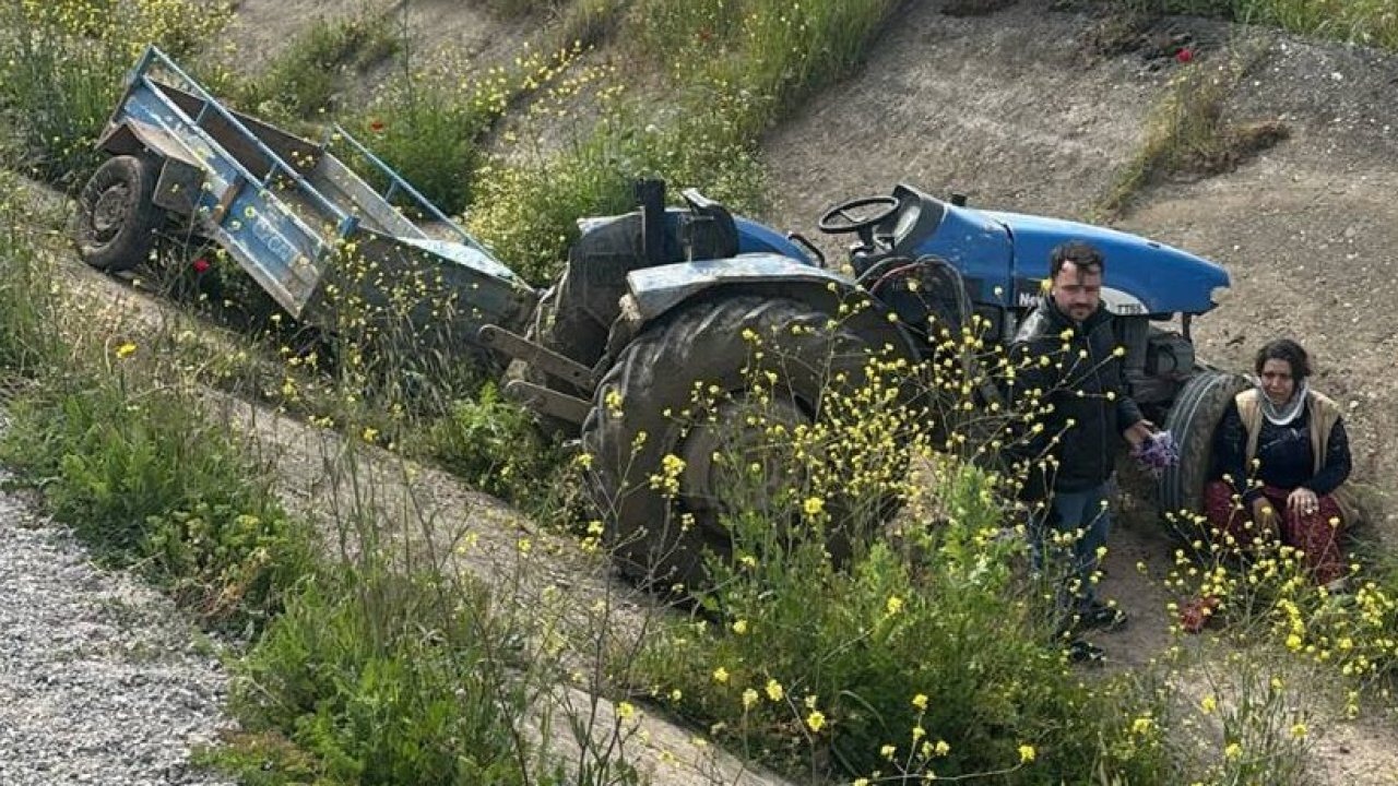 Lastiği fırlayan traktör takla attı!