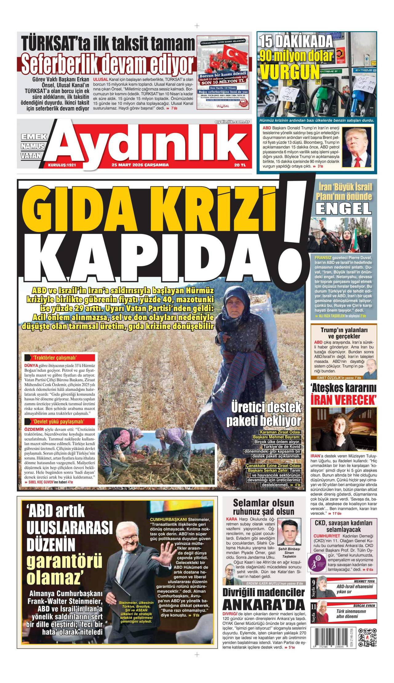Aydınlık Gazetesi Gazete Manşeti
