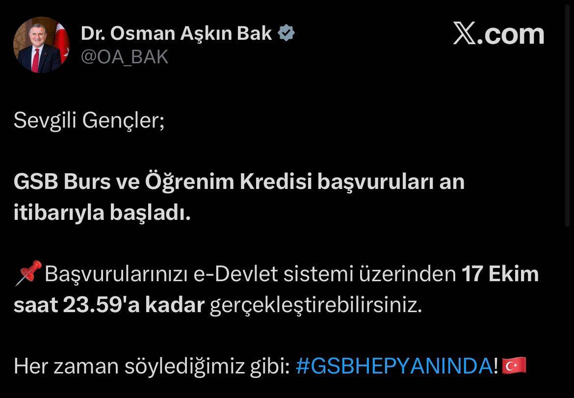 Gençlik ve Spor Bakanlığı burs/kredi başvuruları başladı