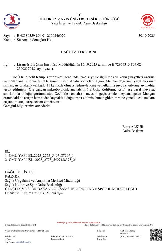 Samsun OMÜ’de içme suyu alarmı! Mangan değeri sınırın 13 katı çıktı