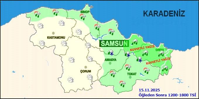 Samsun'da kuvvetli yağış uyarısı! 15 Kasım 2025 Cumartesi Samsun Hava Durumu
