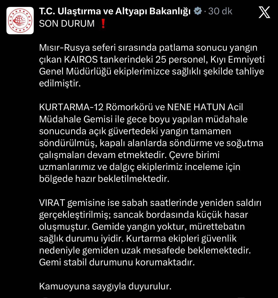 Karadeniz'de bir gemiye saldırı düzenlendi