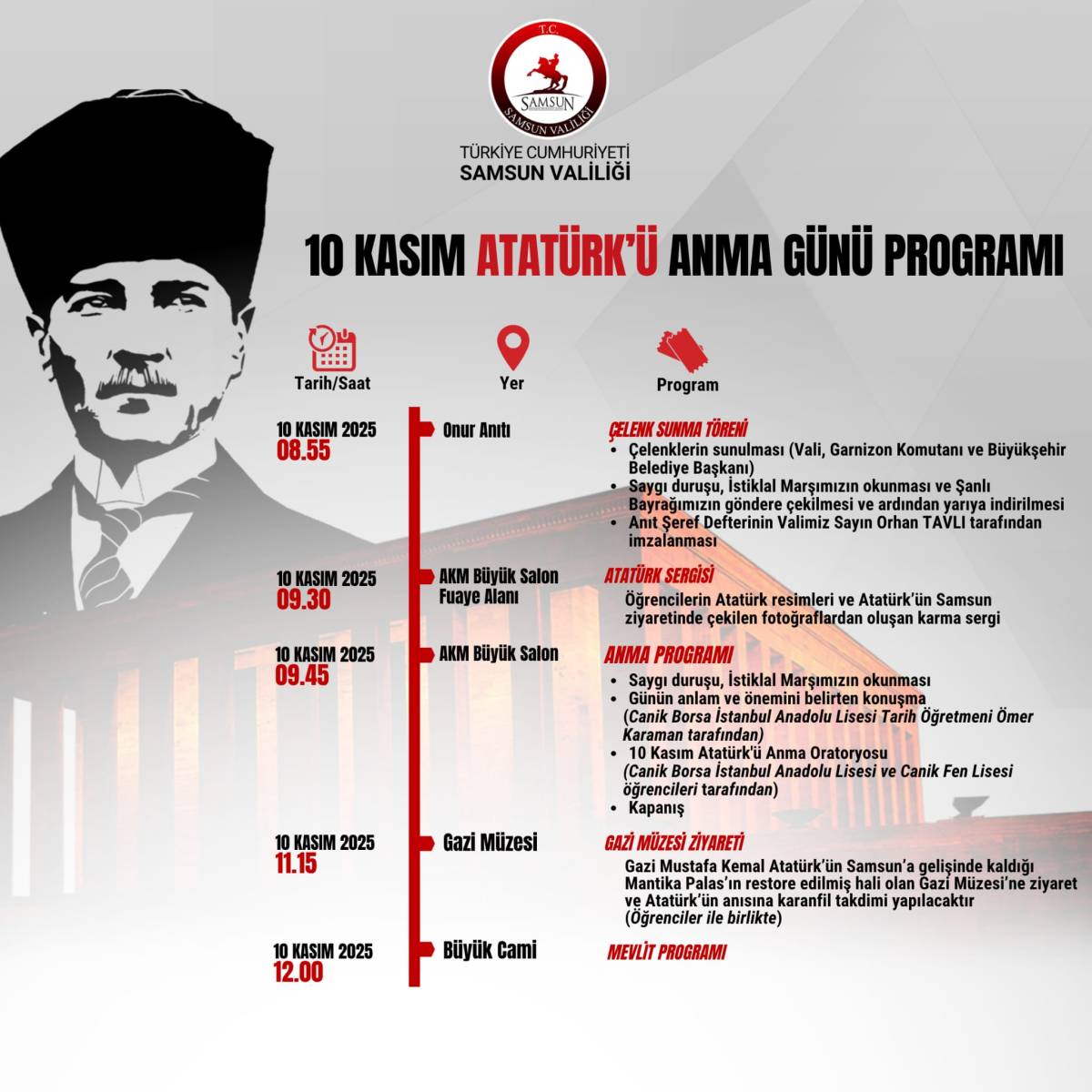 Samsun’da 10 Kasım Atatürk’ü anma programı belli oldu
