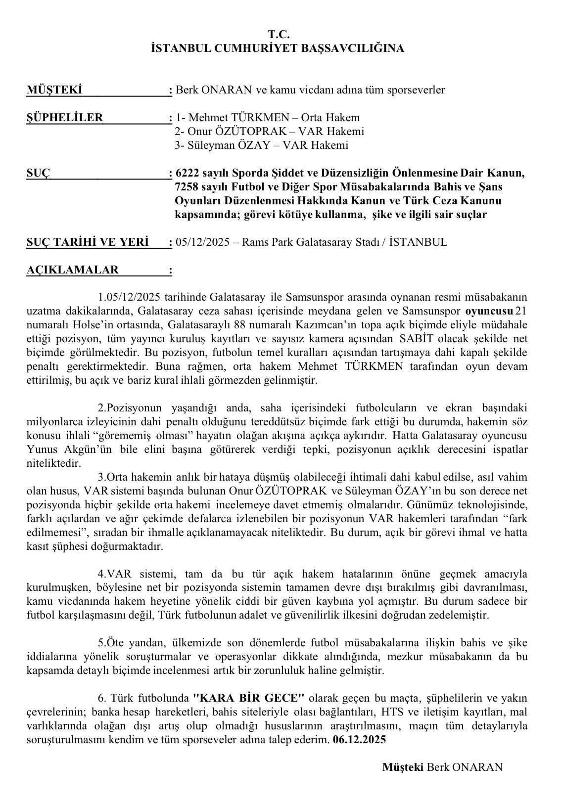 Samsunlu avukattan Galatasaray-Samsunspor hakemlerine suç duyurusu