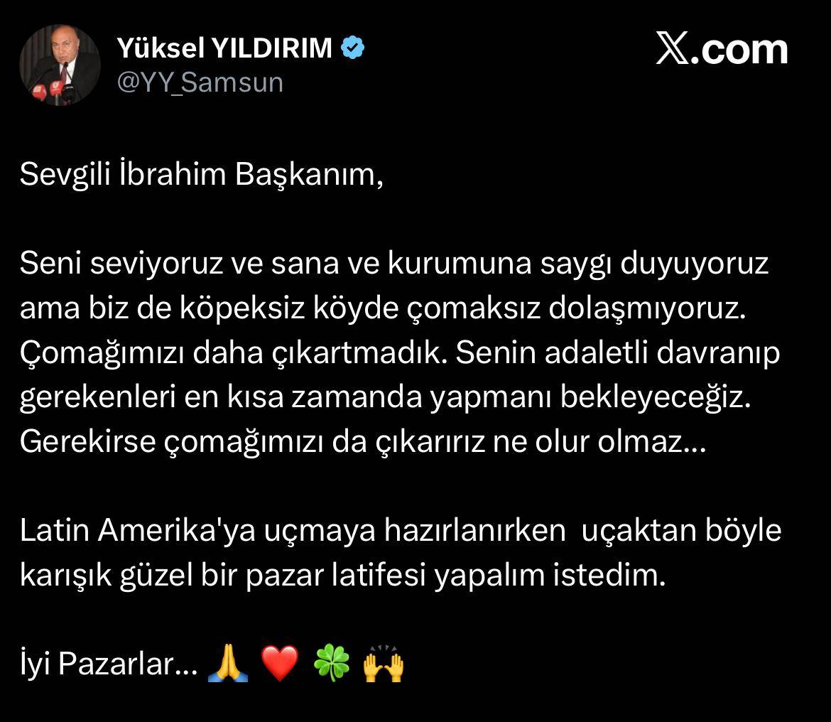 Samsunspor Başkanı Yüksel Yıldırım TFF Başkanı'na seslendi
