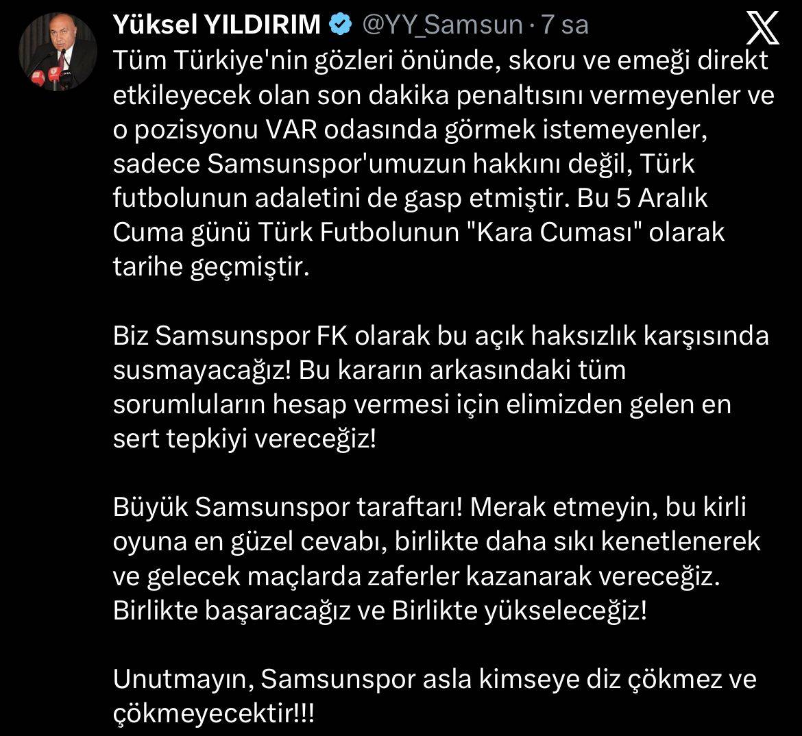 Samsunspor Başkanı Yüksel Yıldırım: Türk futbolunun kara cuması! Sorumlular hesap verecek