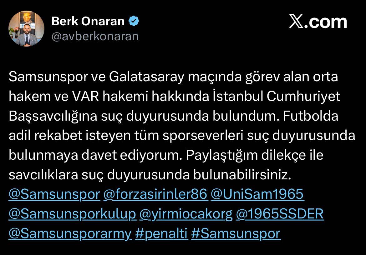 Samsunlu avukattan Galatasaray-Samsunspor hakemlerine suç duyurusu