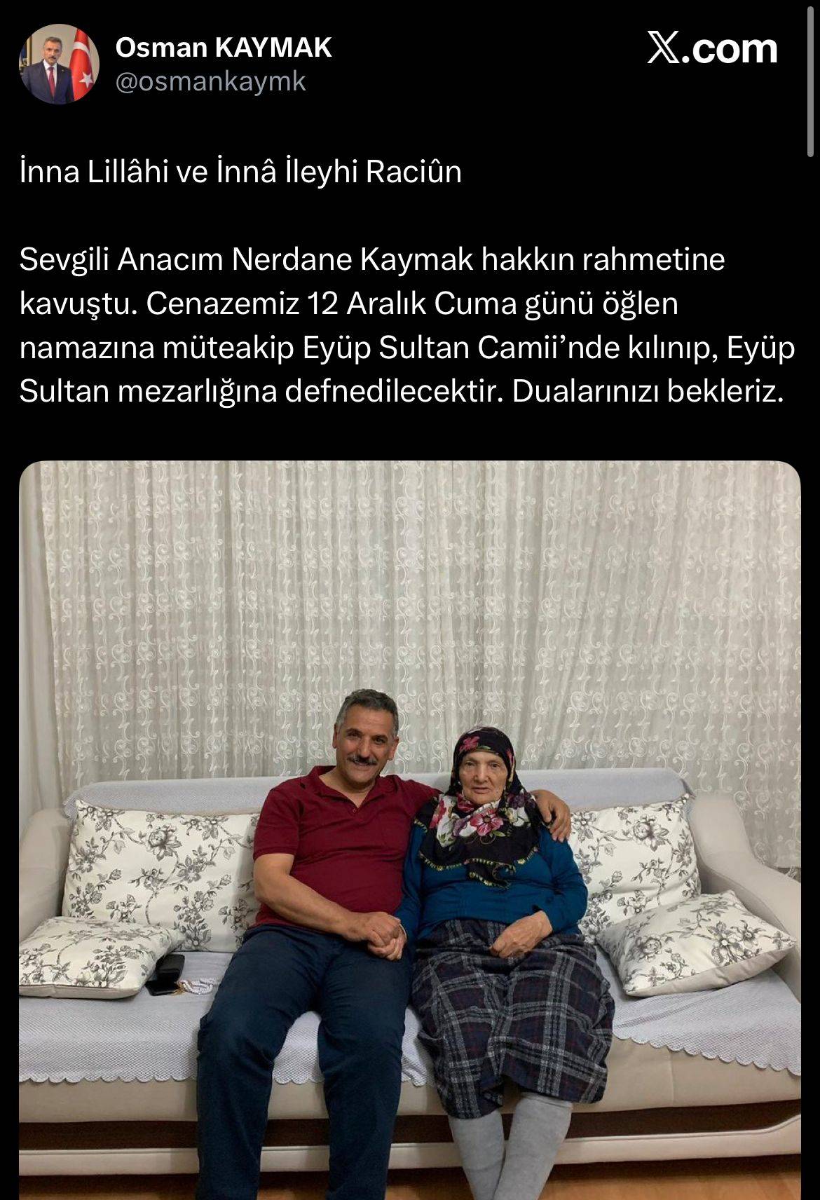 Samsun eski Valisi Osman Kaymak'ın annesi vefat etti