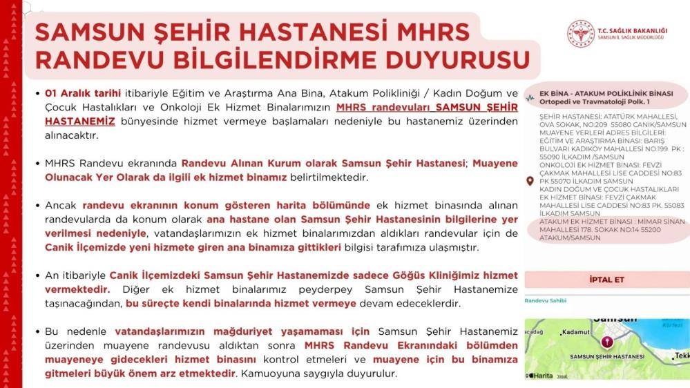 Samsun Şehir Hastanesi randevularında hizmet binası karışıklığına dikkat!
