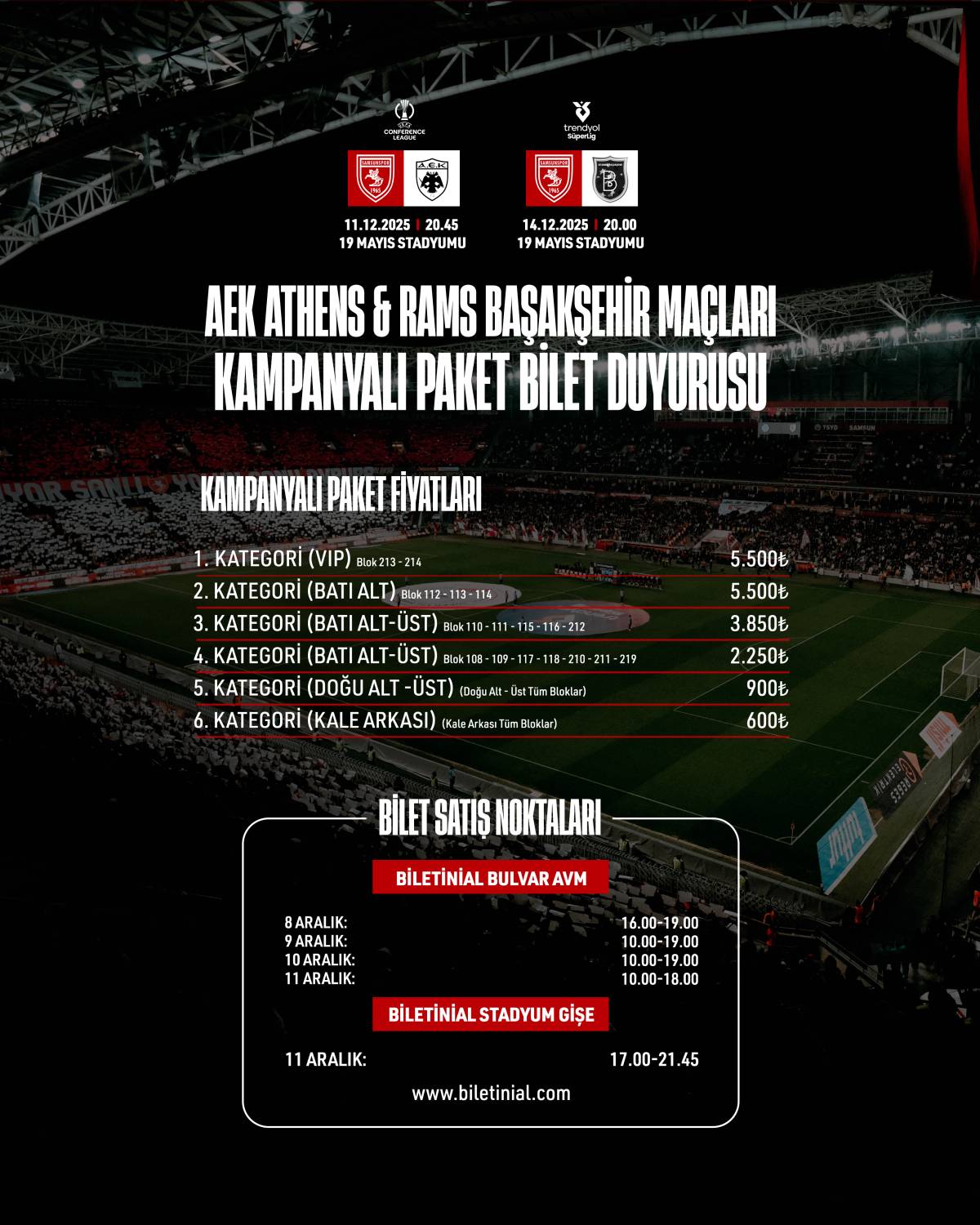 Samsunspor'dan AEK ve Başakşehir maçlarına bilet kampanyası