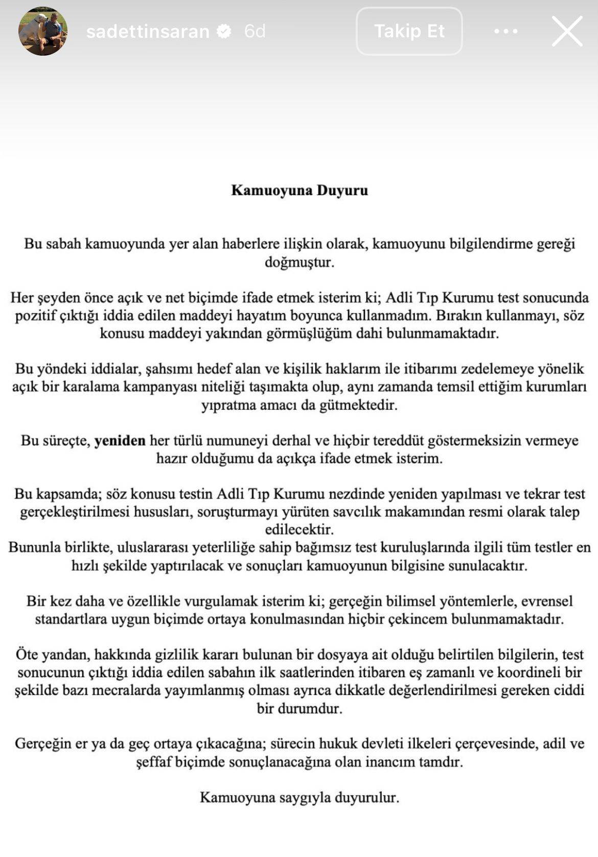 Uyuşturucu testi pozitif çıkan Sadettin Saran’dan açıklama