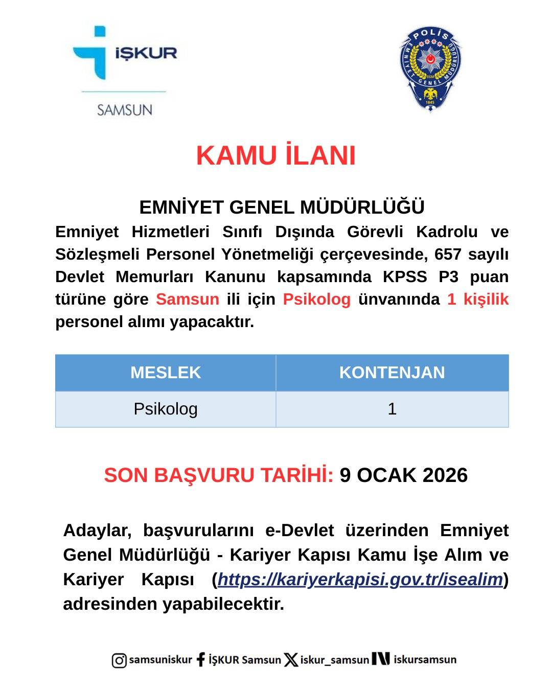 Emniyet Genel Müdürlüğü Samsun'da personel alacak