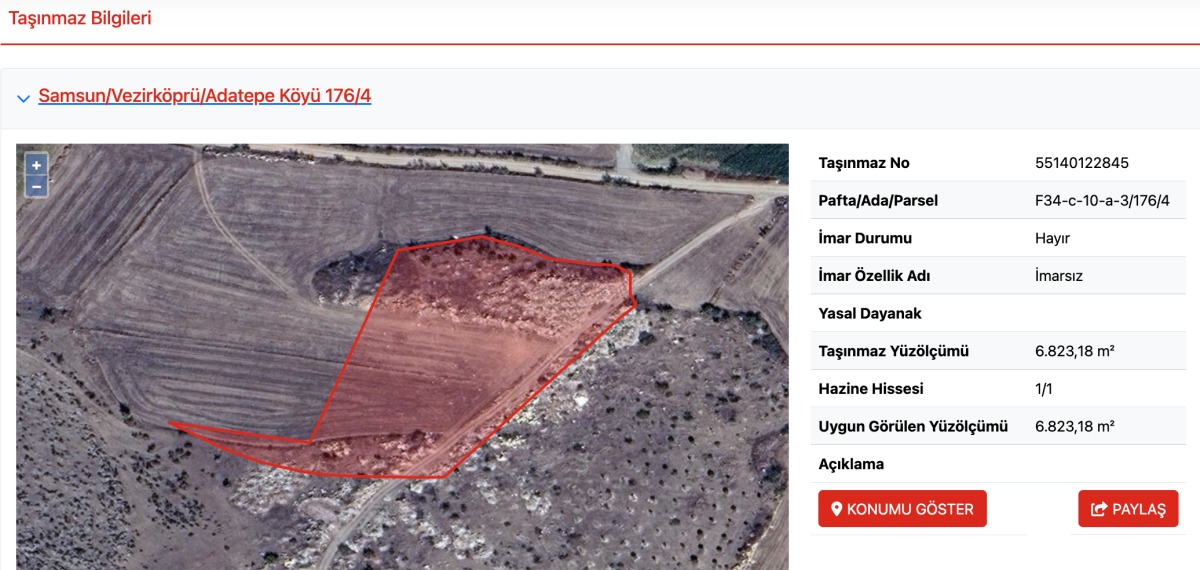 Milli Emlak Samsun Vezirköprü'de hazine arazisi satacak
