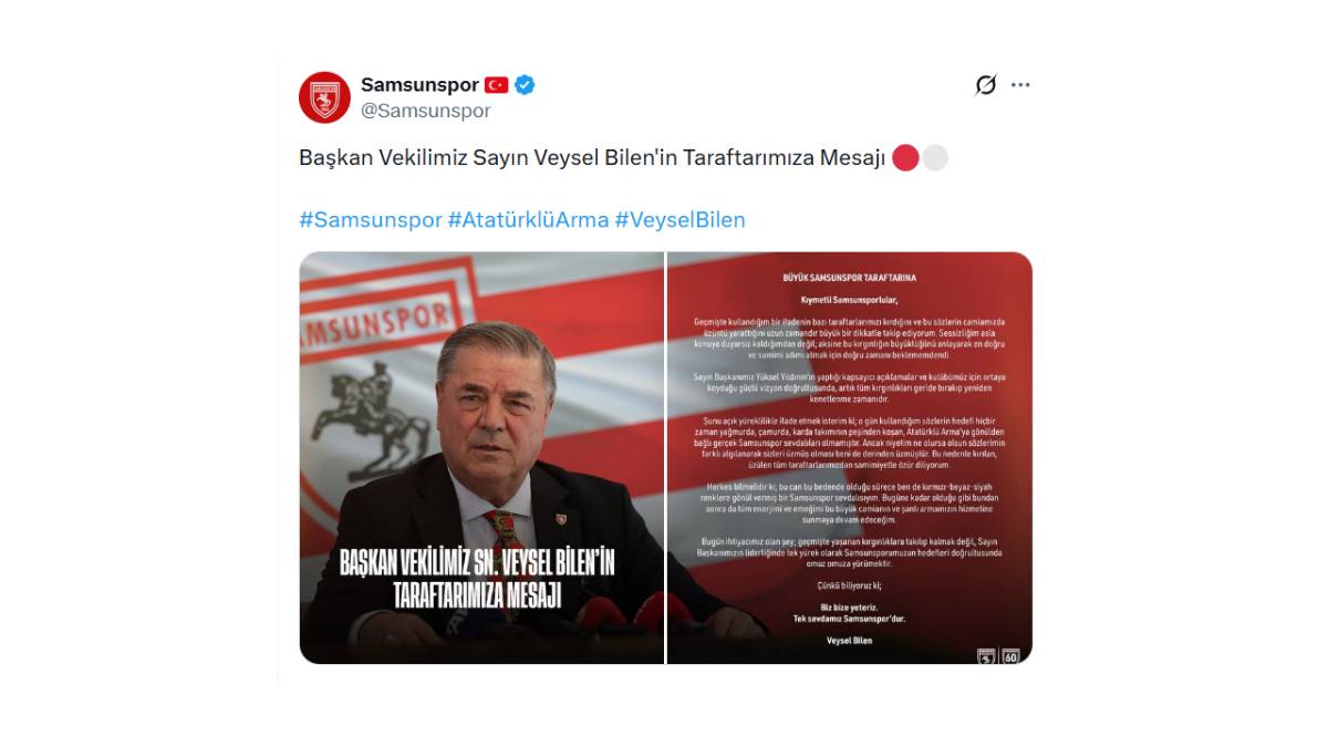 Samsunspor Başkan Vekili Veysel Bilen taraftardan özür diledi