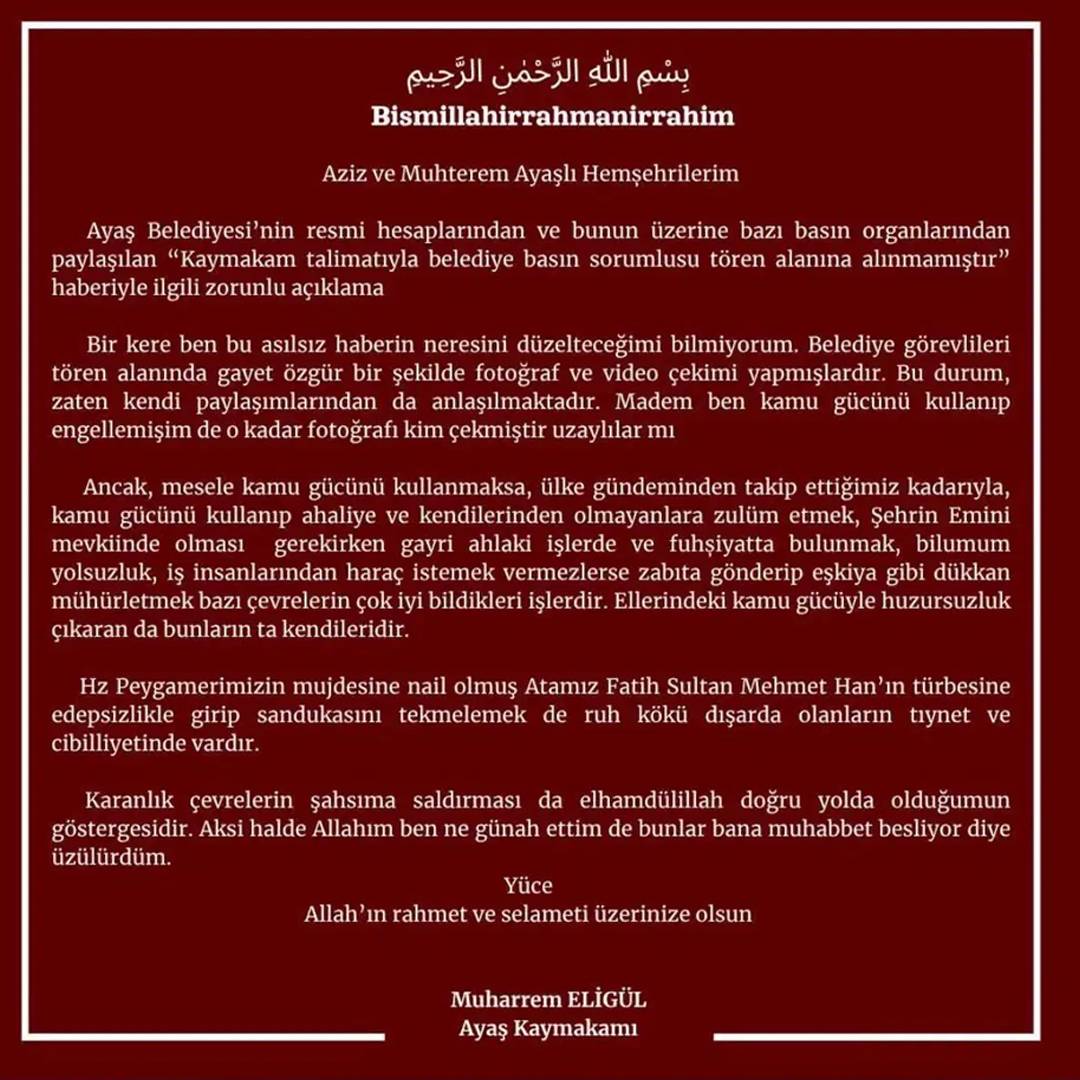 Ayaş Kaymakamlığı'nın paylaşımı hakkında inceleme başlatıldı